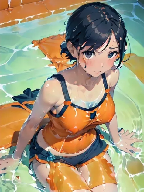 (Orange swimsuit(Orange camisole,Soaked with slimy liquid):1.4),(Navy blue shorts(Soaked with slimy liquid):1.5),All fours pose,Big Breasts,(Soaked with slimy liquid:1.2),