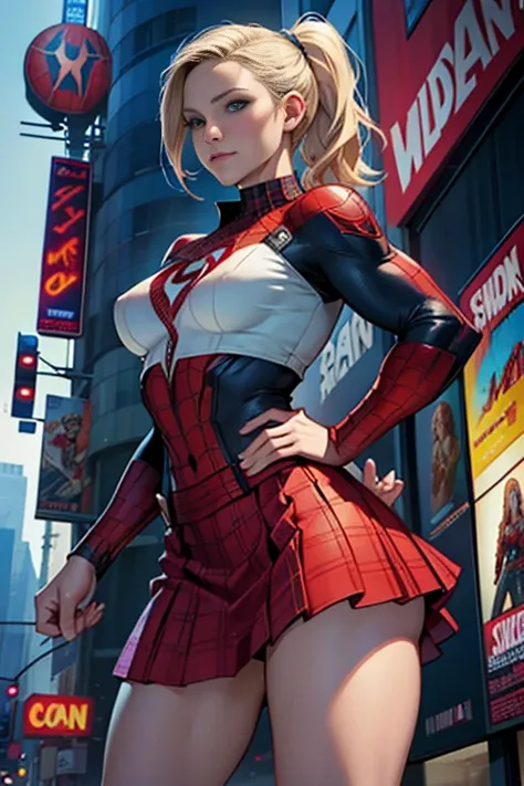 Kristen Bell、Marvel Comics Movie Poster, Very beautiful, Movies about Spiderman, sexy, whole body, Im wearing a skirt、Premiere date, Poster、belly buttonを突き出す、new york、She&#39;s wearing a torn Spider-Man suit,The suit is torn、Wearing a skirt、 Red and black ...