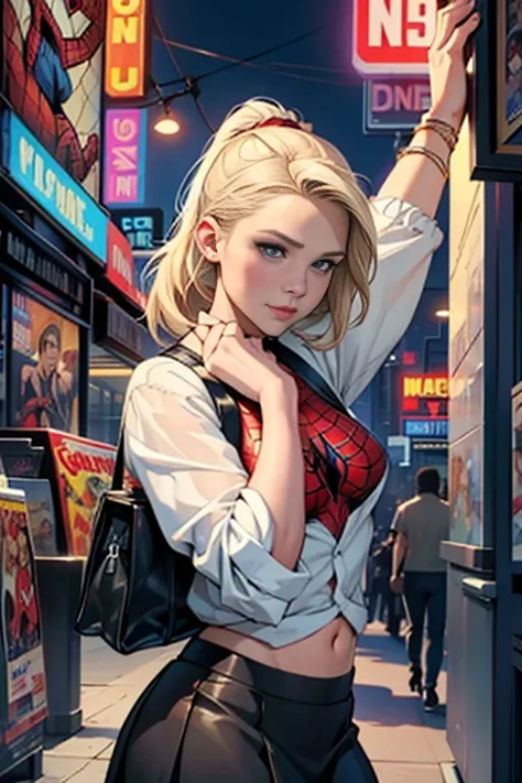 Kristen Bell、Marvel Comics Movie Poster, Very beautiful, Movies about Spiderman, sexy, whole body, Im wearing a skirt、Premiere date, Poster、belly buttonを突き出す、new york、She&#39;s wearing a torn Spider-Man suit,The suit is torn、Wearing a skirt、 Red and black ...