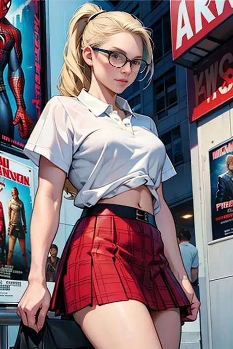 Kristen Bell、Marvel Comics Movie Poster, Very beautiful, Movies about Spiderman, sexy, whole body, Im wearing a skirt、Premiere date, Poster、belly buttonを突き出す、new york、She&#39;s wearing a torn Spider-Man suit,The suit is torn、Wearing a skirt、 Red and black ...