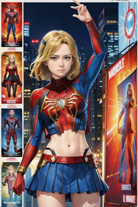 Brie Larson、Marvel Comics Movie Poster, Very beautiful, Movies about Spiderman, sexy, whole body, Im wearing a skirt、Premiere date, Poster、belly buttonを突き出す、new york、She&#39;s wearing a torn Spider-Man suit,The suit is torn、Wearing a skirt、 Red and black c...