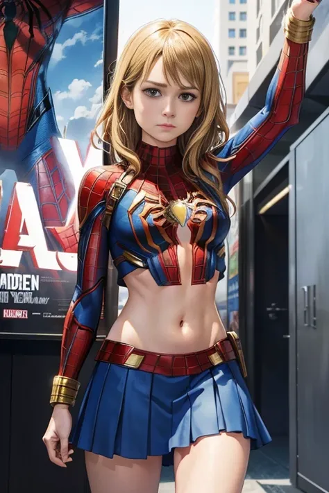 Brie Larson、Marvel Comics Movie Poster, Very beautiful, Movies about Spiderman, sexy, whole body, Im wearing a skirt、Premiere date, Poster、belly buttonを突き出す、new york、She&#39;s wearing a torn Spider-Man suit,The suit is torn、Wearing a skirt、 Red and black c...