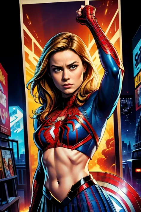 Brie Larson、Marvel Comics Movie Poster, Very beautiful, Movies about Spiderman, sexy, whole body, Im wearing a skirt、Premiere date, Poster、belly buttonを突き出す、new york、She&#39;s wearing a torn Spider-Man suit,The suit is torn、Wearing a skirt、 Red and black c...