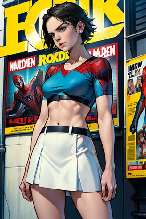 Daisy Ridley、Marvel Comics Movie Poster, Very beautiful, Movies about Spiderman, sexy, whole body, Im wearing a skirt、Premiere date, Poster、belly buttonを突き出す、new york、She&#39;s wearing a torn Spider-Man suit,The suit is torn、Wearing a skirt、 Red and black ...