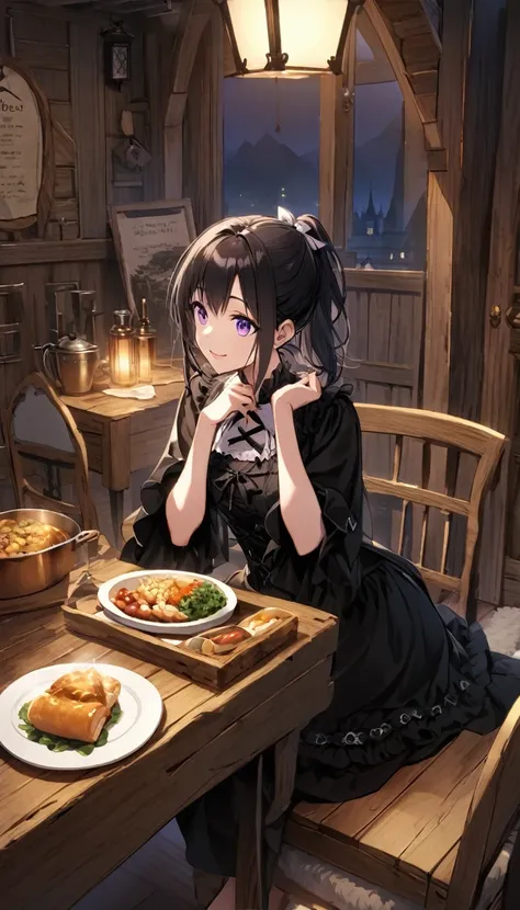 {{{solo lady}}}、shiny black hair、shiny purple eyes、{{short highponytail}}
、1white ribbon:1.1、[middle breast:0.8]、(black Gothic Dress),smile,Wind、Fur carpet、Inside the log house、night、moonlight、Dishes of food are laid out on the table、Illustration of a pers...