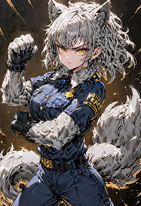 solo, female, sfw, medium shot, grey fur on arms:1.2, animal hands:0.9, muscular, wolf ears, short messy hair, grey hair, golden eyes, wolf tail, police uniform, police, large breasts, white fur collar, attack stance, serious