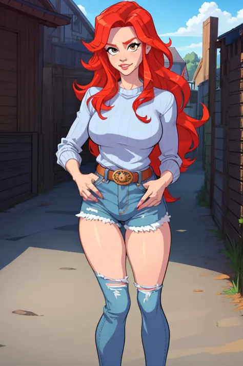 1girl, denim, pants, jeans, sweater, red hair, cowboy shot, long hair,, masterpiece, best quality, highly detailed