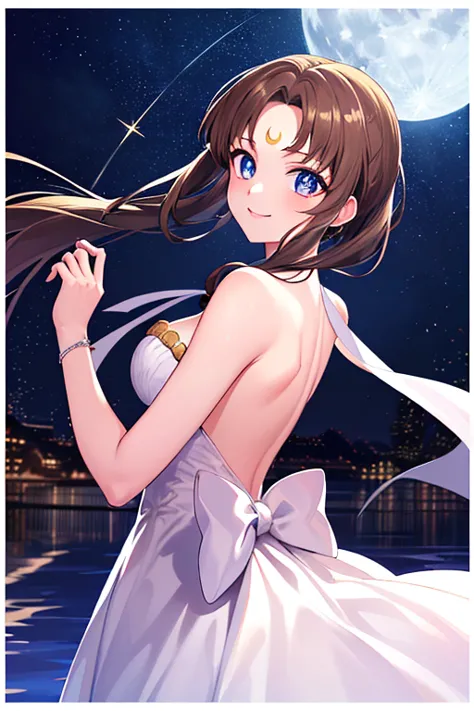 ((best quality)), ((highly detailed)), masterpiece, absurdres, (detailed eyes, deep eyes), (1girl), dynamic pose,  long dark brown hair (to her back), smiling, Princess_white_strapless_dress_huge_back_bow_Golden_crescent_forehead_mark, (at a floating islan...