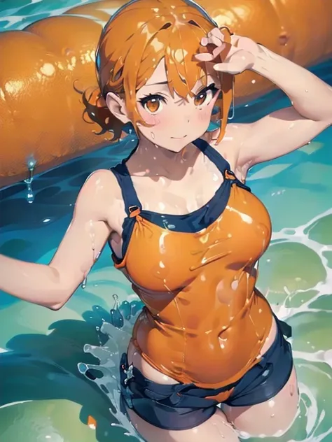 (Orange swimsuit(Orange camisole,Soaked with slimy liquid):1.2),(Navy blue shorts(Soaked with slimy liquid):1.4),All fours pose,Big Breasts,(Soaked with slimy liquid:1.2),