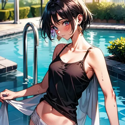 Cool girl、Boyish Girl、Sporty、tits、Wet and transparent、Wet, see-through clothes、camisole is wet and her underwear is visible、Navel Reveal Style、I have a towel、Wet、oil、slimy、Very short hair、black hair color、Shorts、
、high school girl、Gal、brown skin、garden、Poo...