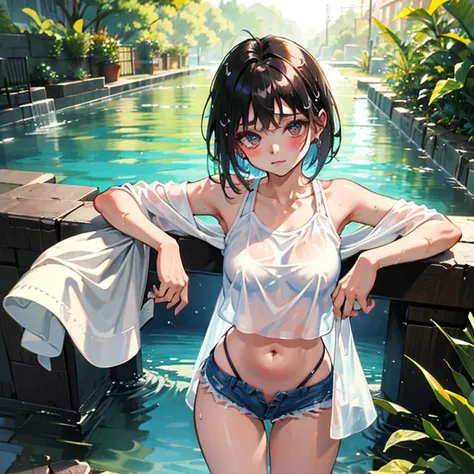 Cool girl、Boyish Girl、Sporty、tits、Wet and transparent、Wet, see-through clothes、camisole is wet and her underwear is visible、Navel Reveal Style、I have a towel、Wet、oil、slimy、Very short hair、black hair color、Shorts、
、high school girl、Gal、brown skin、garden、Poo...