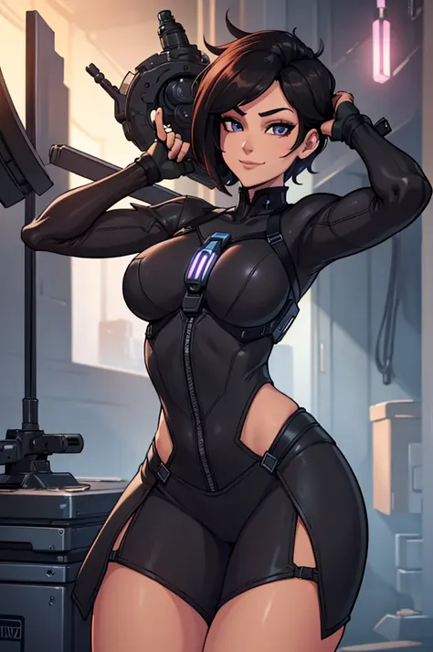 (work of art, Best quality, absurd, 4K, aesthetics, perfect eyes, perfect face, detailed, intricate, Perfect Lighting) 1 girl with fair skin, dark short hair, wears a dark red and black futuristic bodysuit, heroine , queen of an alien race, warrior, gentle...