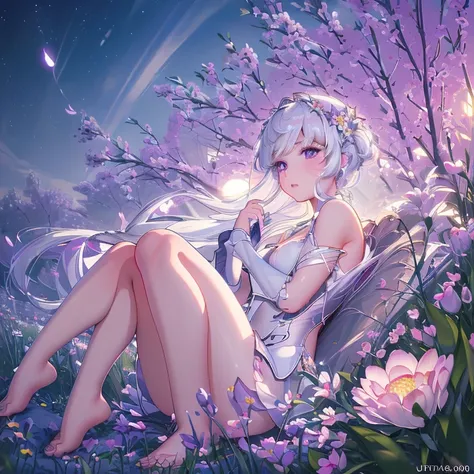 (best quality,4K,8k,high resolution,masterpiece:1.2),Ultra Detailed,(actual,photoactual,photo-actual:1.37),illustration,Soft Light,White hair girl,Deep purple eyes,Glowing eyes,sit down,barefoot,blush,Garden at night,Flowers.