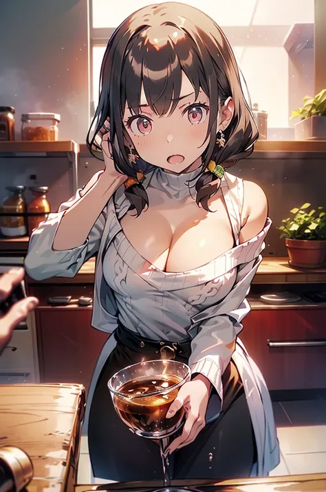 masterpiece, yor, 1girl, Amazing Cleavage:1.3, thin waist, big ass, Raised sexy, medium breast: 1.8 posed cleavage:1.2、solo, looking at viewer, open mouth, have a cup of coffee,black hair, red eyes, dress, bare shoulders, jewelry, collarbone, sidelocks, ha...