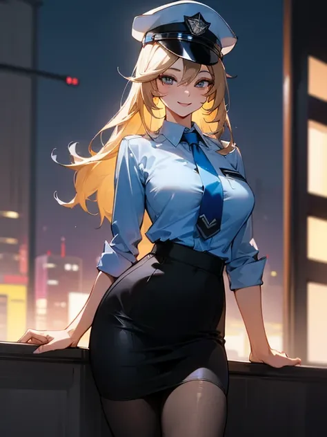 a sexy woman, pantyhose, clear blue shirt, black pencil skirt, tie, cop cap, smile, night, cowboy shot, highly detailed, HD, 4K, Masterpiece, highres