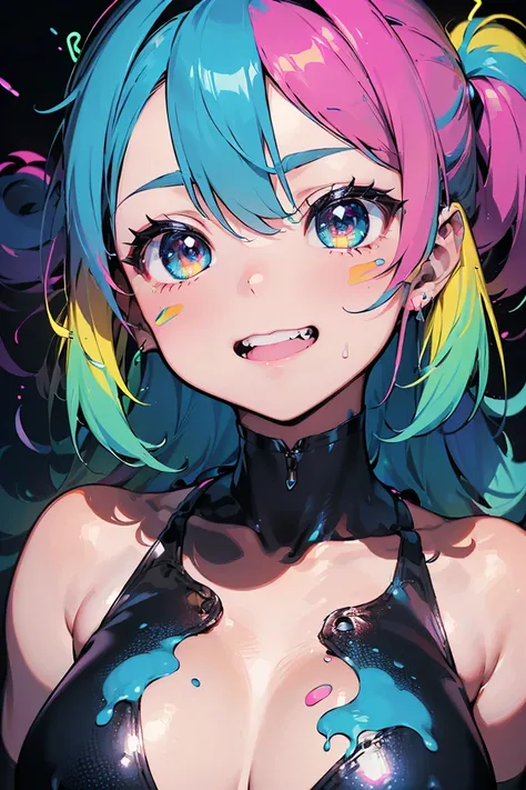 Eyes that shine like jewels, ((dark)), gloomy, (((No light in the eyes))), Negative atmosphere, Anime Girls,Punk Fashion,Punk Makeup, ((Grin)), (Big Breasts:1.3),((Upward glance:1.3, Perfect Eyes , The rainbow shines、Eyes with very fine irises:1.3, Gradien...