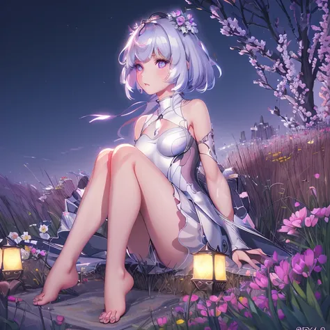 (best quality,4K,8k,high resolution,masterpiece:1.2),Ultra Detailed,(actual,photoactual,photo-actual:1.37),illustration,Soft Light,White hair girl,Deep purple eyes,Glowing eyes,sit down,barefoot,blush,Garden at night,Flowers.