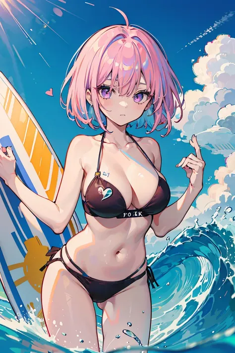 1 girl, Big Tits 1.3, (surfing), Colorful clothes, Pink Hair, Short Bob, Side ribbon, Navel exposed, Swimwear, clear, Unfriendly, Light purple eyes, ((Heart Eyes)), It will happen, Ocean Background,16 years old, Colorful Hair, Messy Hair, tonality, Romanti...