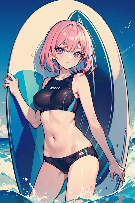 1 girl, Big Tits 1.3, (surfing), Colorful clothes, Pink Hair, Short Bob, Side ribbon, Navel exposed, Swimwear, clear, Unfriendly, Light purple eyes, ((Heart Eyes)), It will happen, Ocean Background,16 years old, Colorful Hair, Messy Hair, tonality, Romanti...