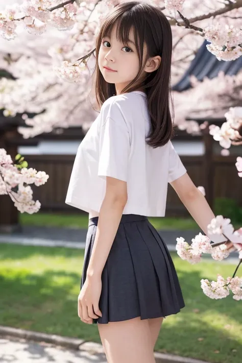 8K,masterpiece,Japanese,9 year old girl,from the front,Innocent face,calm eyes,Childish,T-shirt,short sleeve,short skirt,semi-long,noon,bright,Cherry blossom trees