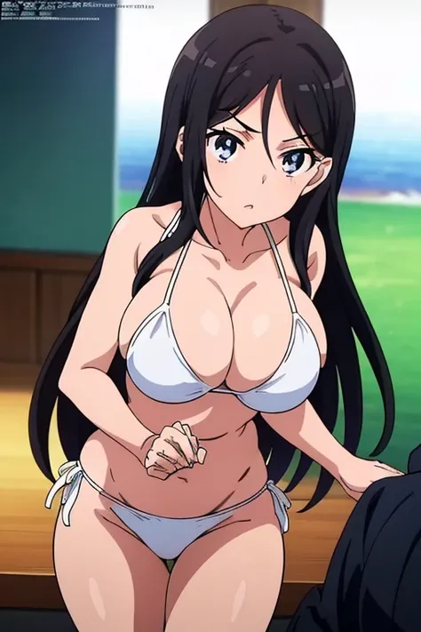 (masutepiece, Best Quality, High resolution, anime screen cap, anime colours, megami magazine:1.2, anime poster style, anime keyvisual, sharp, 8k, photorealistic), (beautiful eyes:1.5), Blowmailing, 1girl in, Cute, blush, (Long Black Hair), (large breasts:...