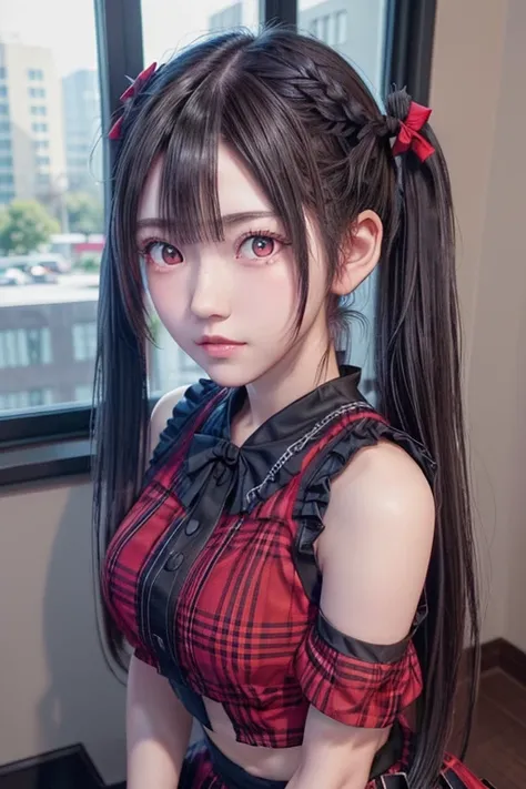 black pigtails, twin tails, trending on cgstation, twin tails hairstyle, beautiful gemini, , Trending on cgstation, wlop and sakimichan, Gwaites style artwork、(((red eyes)))、red check skirt、red blouse、