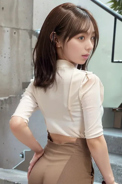 Young Japanese、woman、26 years old、Beauty、(Slender body、slender),(Long Hair、chestnut-colored hair),(Pure white cut-and-sew top、No sleeve、Short sleeve、White shirt、White cut and sew:1.7),Large Breasts、The bumps on the chest are visible、Small butt、(The lines o...