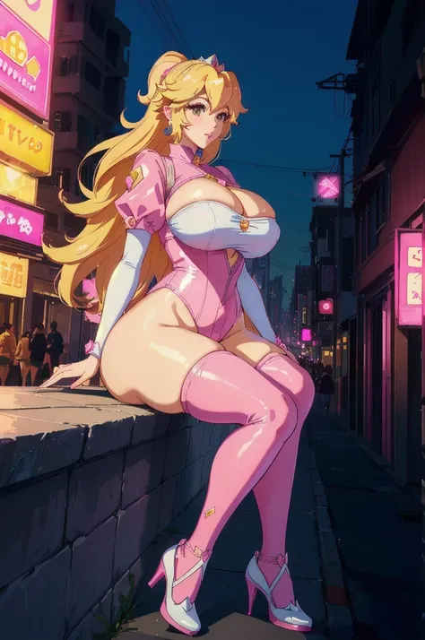 a cartoon picture of a woman with a big breast sitting on a ledge, a human-like juicy peach, portrait of princess peach, princess peach), princess peach, thicc, danbooru and artstation, commission for high res, video game fanart, giantess art, the princess...