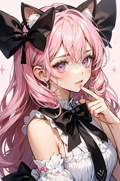 a pink girl cat  with a large, black bow. Her charm points are her sharp ears and her hot-and-cold personality. SPARKLE; GLITTER