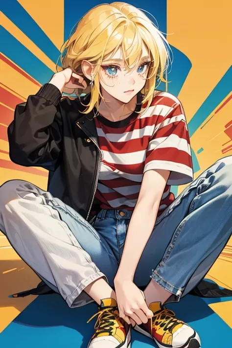 her hair is yellow and shaggy, her eyes are solid black circles, and she has freckles on her cheeks. she wears a red and white horizontal striped shirt, blue jeans, and blue sneakers.  SPARKLE; GLITTER