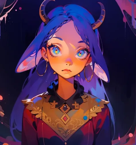 Pixar style, gloomy, negative, twisted, weird, big-eyed , colorfulcartoon drawing of a woman with (goat ears), antlers on her head, portrait of a young witch girl, goat horns on her head, close up character + intricate details, epic detailed, (masterpiece:...