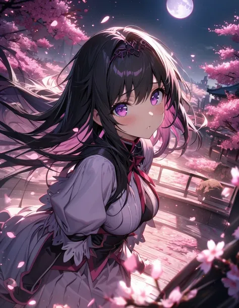 absurdres, highres, ultra detailed, HDR, master piece, best quality, extremely detailed face and eyes, Homura Akemi, black long hair, expressive purple eyes, Puella Magi Madoka Magica, solo, woman, beautiful, cherry blossom, pink flowers, pink petals, moon...