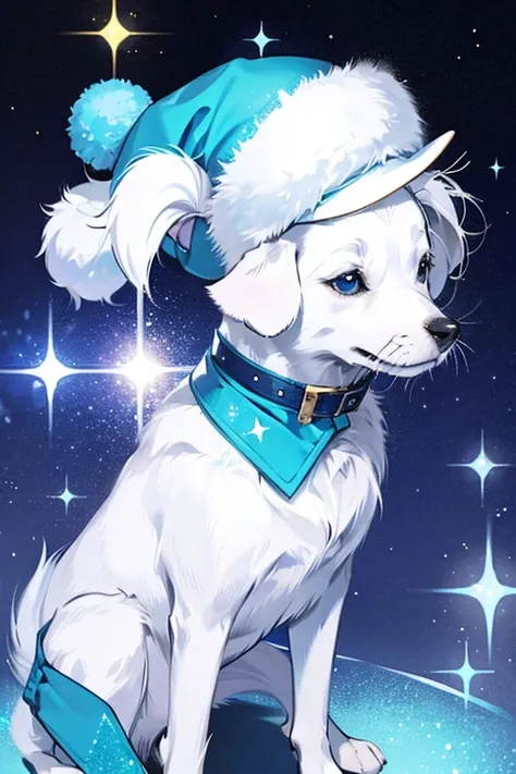 white girl dog. blue hat. SPARKLE; GLITTER