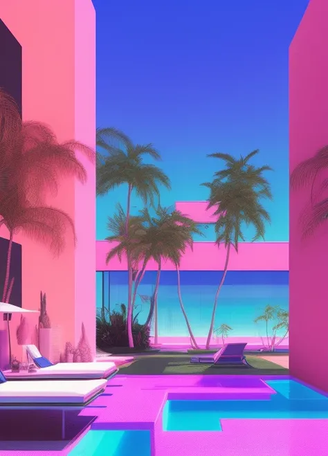 Imagine an artwork steeped in the vaporwave aesthetic of the 80s, deeply influenced by Yoko Honda’s vivid artistic style, but with a minimalist approach. Visualize a retro-futuristic beach and pool scene at sunset, where the sky ignites with intense hues o...