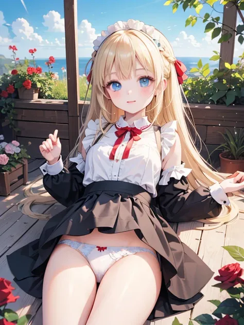 masterpiece, highest quality, Very detailed, 16k, Ultra-high resolution, One 9-year-old girl, Detailed face, blue eyes, Blonde, Braid, Red ribbon on head, Black maid outfit, Drawers, White panties, blue sky, garden, Red Rose, Lie on your back