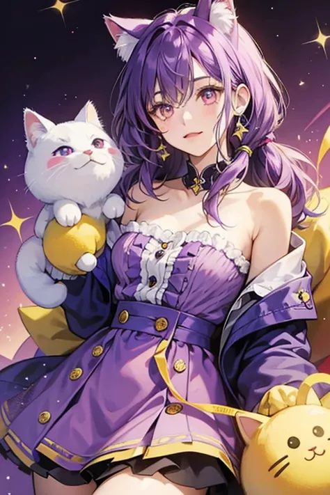 a purple girl cat-like mascot with yellow button eyes, claws, and some stuffing coming from her left shoulder.  SPARKLE; GLITTER