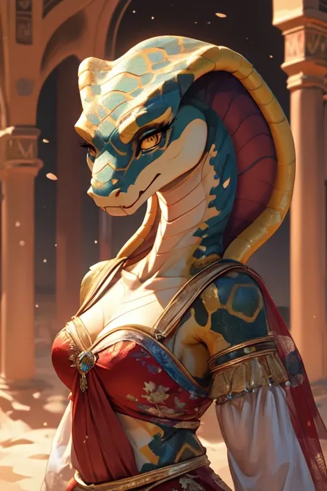 ((best quality)), ((masterpiece)), (detailed), perfect face , furry , snake , cobra snake , dancer clothes , arabic dancer , white and sand yellow scales , close face , fangs , yellow reprilian eyes , female