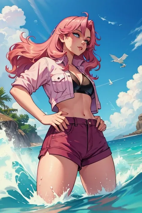 A handsome pink haired man with violet eyes with long hair in shorts is splashing in the waves at the beach
