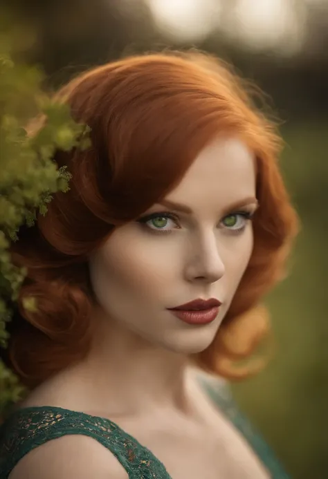 She is beautiful with red hair and a pale complexion, oft gekleidet in einem schicken, The style of the 1960s reflects her bold and precise personality. Her intense green eyes are often an eye-catcher, spiegelt ihren scharfen Verstand und ihre tiefe Konzen...