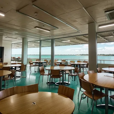 Biblioteca com janelas de vidro de frente pra lagoa em formato circular com cafeteria 