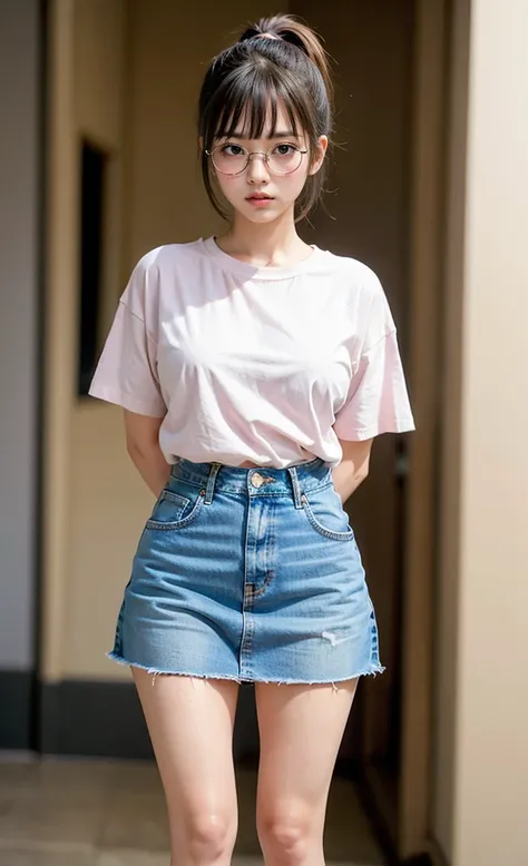 1girl, 18 years old busty woman, eye glasses, short ponytail hair, bangs, light pink blush, standing, underground tunnel, white crop to t-shirt, cleavage, big , small waist, denim mini skirt, thicc_thighs
thighs, legs, perfect fingers, legs spread