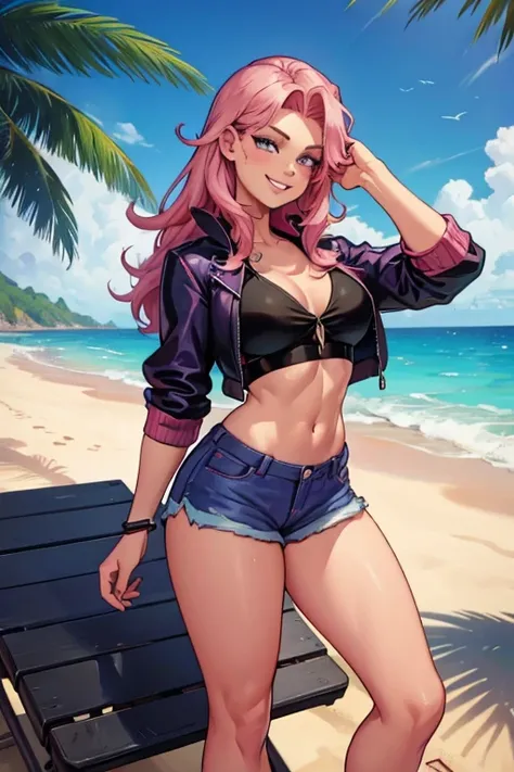 A handsome muscular pink haired male with violet eyes with long hair in shorts is smiling on the beach