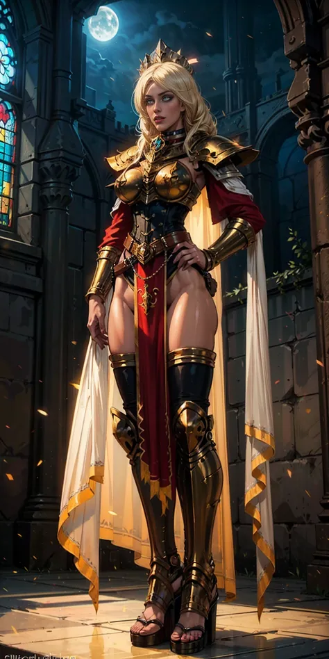 paladin lady in ornate golden armor, black collar, pauldrons, breastplate, corset, glowing halo, single braid, blonde, yellow glowing eyes, bright pupils, eye focus, red cape, temple indoors, stained glass windows, night, moonlight, particles, light beam, ...