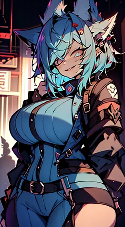 1girl, short_rebellious_hairblue_hair, blue_eyes, scary_eyes, short_hair, hair just blue, expression would be, looking_at_vi ewer, holding, shirt, pant, animal_ears, blue_ ears, wolf_woman, blue_tail, body_perfect, Milf_body, female_body_muscular, scar_on_...