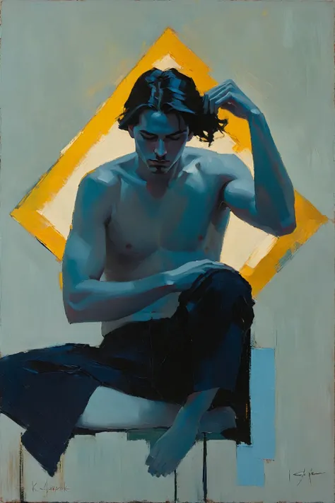 Create an evocative oil painting inspired by Malcolm Liepke, Capture the mans introspective expression and refined mood using thick, expressive brushstrokes. Infuse the painting with a warm, muted color palette, incorporating earthy tones and deep blues. H...