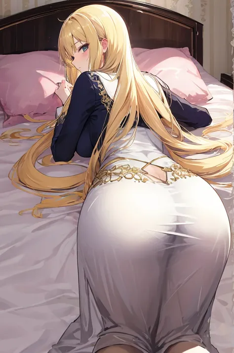 ((bedroom))，A woman with big ，Long blond hair，Exquisite，Slim waist，Cropped nightdress，Lying on the bed，Buttocks posture，Straight buttocks，View from behind，Rear view，