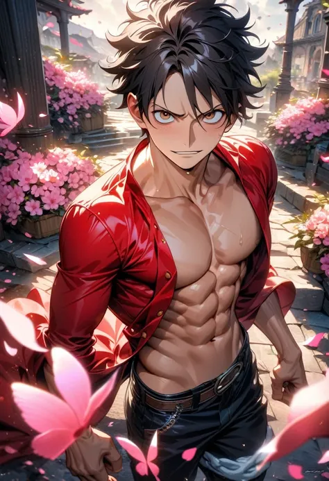 absurdres, highres, ultra detailed, HDR, masterpiece, extremely detailed face and eyes, Monkey D Luffy, black hair, expressive brown eyes, One Piece, solo, sexy man, handsome, toned chest, red shirt, handsome, pink butterflies, pink petals, pink flowers