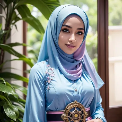 Craft a photorealistic scene of a Malay girl in hijab as an intrepid explorer in a steampunk world. Showcase intricate gears, Victorian-inspired fashion, and a sense of adventure in this alternate reality, 8mm lens, Extreme close-up, pastel color grading, ...