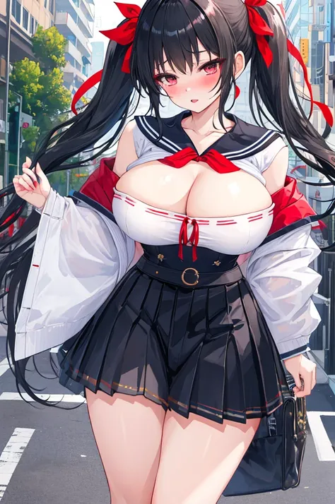 A woman with big ，Gorgeous woman，Mature，ahegao，Black long hair，twintails，Exquisite，(((transparent)))，Red ribbon，Sailor Suit，Off-shoulder，Cleavage，Slim waist，pubic，blush，on the street，