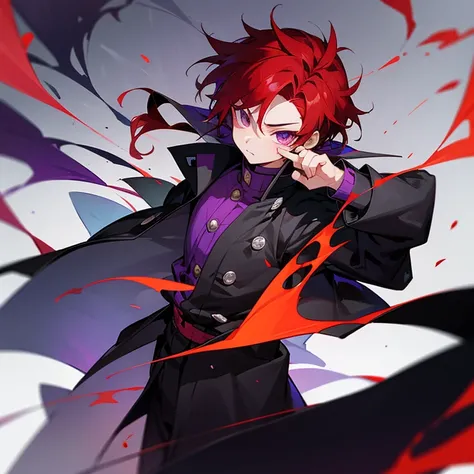 A 15 year old boy. Hes an oni, but he doesnt have horns on his head. He has red hair and dark purple eyes. He is extroverted but at the same time seems to like trouble. He wears a coat black. The image is in the style of the anime Kimetsu no Yaiba, but the...